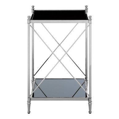 Black Mirrored Glass Two Tier Side Table with Silver Metal Cross Design, Hoffmann