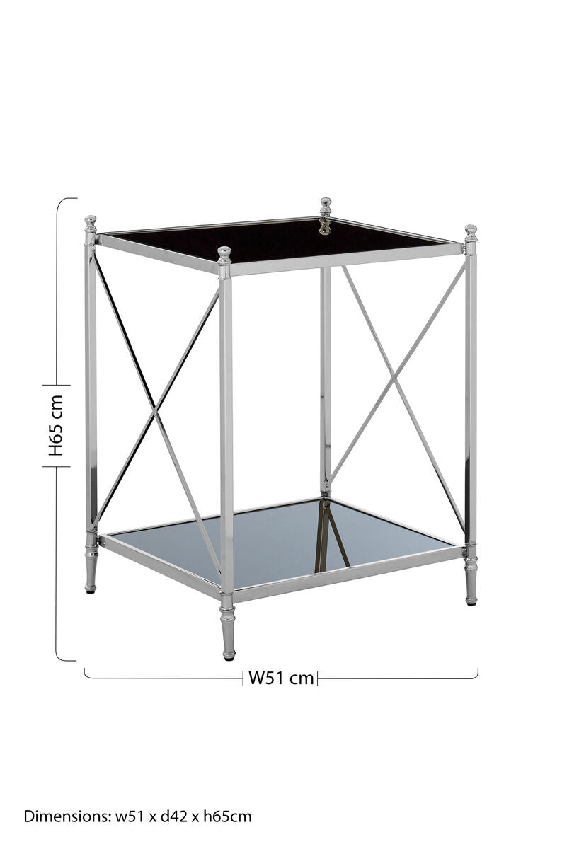 Black Mirrored Glass Two Tier Side Table with Silver Metal Cross Design, Hoffmann