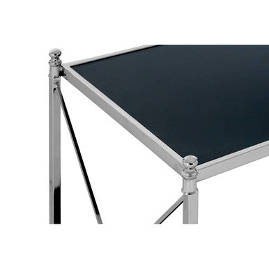 Black Mirrored Glass Two Tier Side Table with Silver Metal Cross Design, Hoffmann