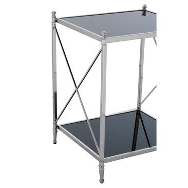 Black Mirrored Glass Two Tier Side Table with Silver Metal Cross Design, Hoffmann