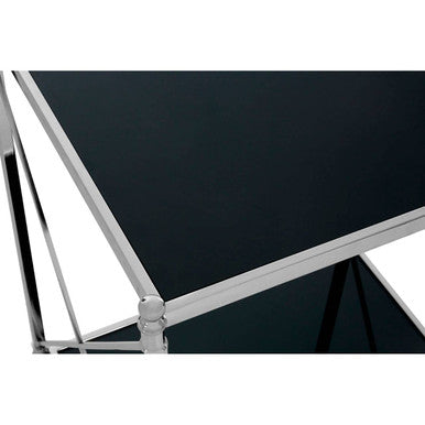 Black Mirrored Glass Two Tier Side Table with Silver Metal Cross Design, Hoffmann
