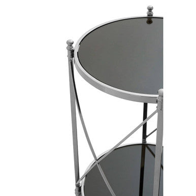 Two Tier Black Mirrored Glass Round Side Table with Silver Metal Frame, Hoffmann