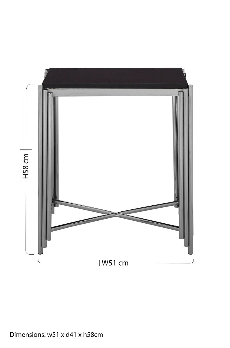 Black Granite Top Art Deco Side Table with Silver Finish X-Shaped Cross, Clarice