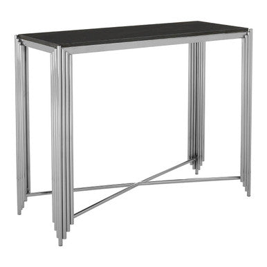 Black Granite Top Art Deco Console Table with Silver Finish X-Shaped Cross, Clarice