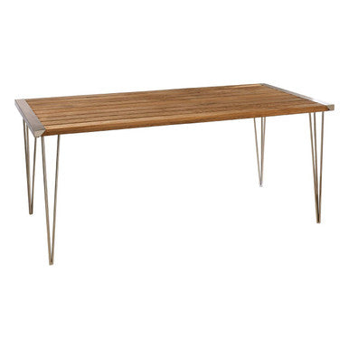 Brown Slatted Teak Wood Dining Table with Nickel Finish Hairpin Legs, Nandri