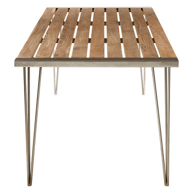 Brown Slatted Teak Wood Dining Table with Nickel Finish Hairpin Legs, Nandri