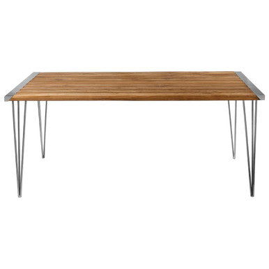 Brown Slatted Teak Wood Dining Table with Nickel Finish Hairpin Legs, Nandri
