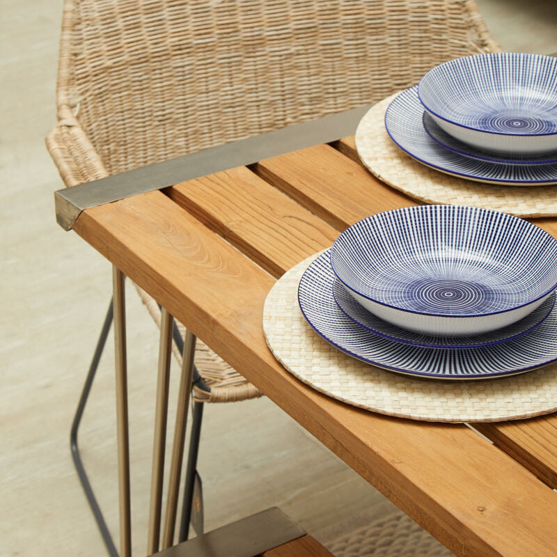Brown Slatted Teak Wood Dining Table with Nickel Finish Hairpin Legs, Nandri