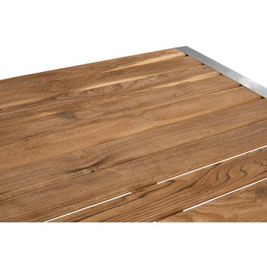 Brown Slatted Teak Wood Dining Table with Nickel Finish Hairpin Legs, Nandri