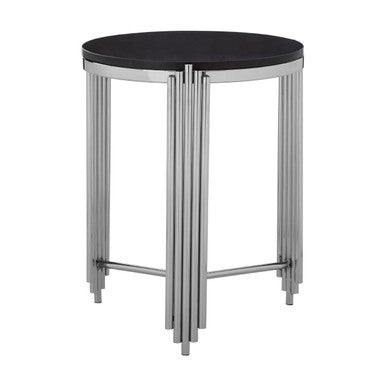 Black Granite Round Side Table with Silver Finish Fluted Effect Legs, Clarice