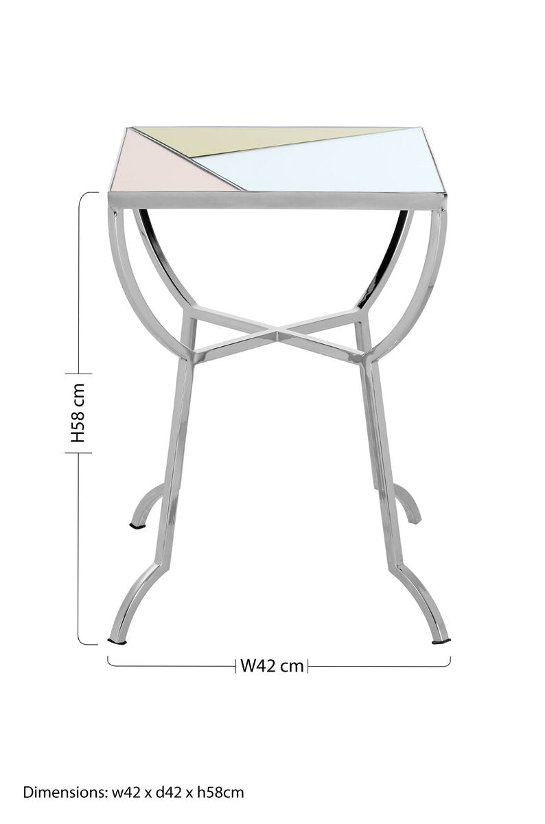 Pastel Mirror Top Square Side Table with Silver Finish Stainless Steel Frame, Arbus