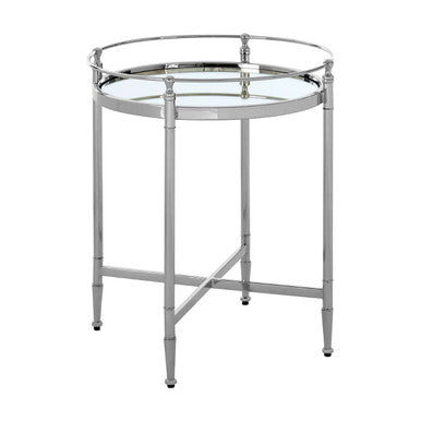 Round Mirrored Glass Top Side Table with Silver Finish Metal Frame, Zach