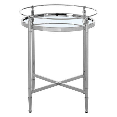 Round Mirrored Glass Top Side Table with Silver Finish Metal Frame, Zach