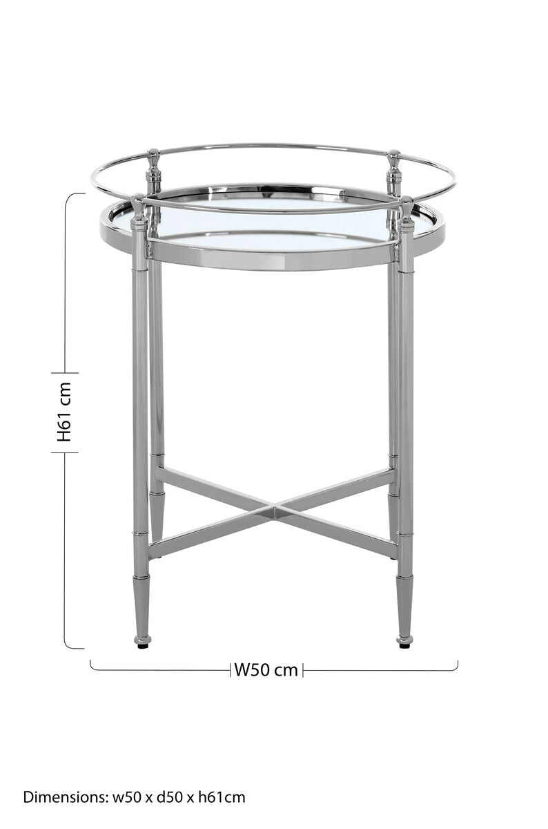 Round Mirrored Glass Top Side Table with Silver Finish Metal Frame, Zach