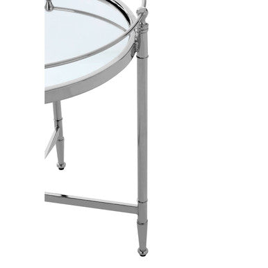 Round Mirrored Glass Top Side Table with Silver Finish Metal Frame, Zach