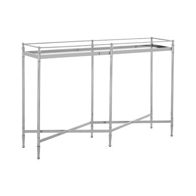 Silver Finish Mirrored Glass Top Console Table with Cross Frame Design, Zach