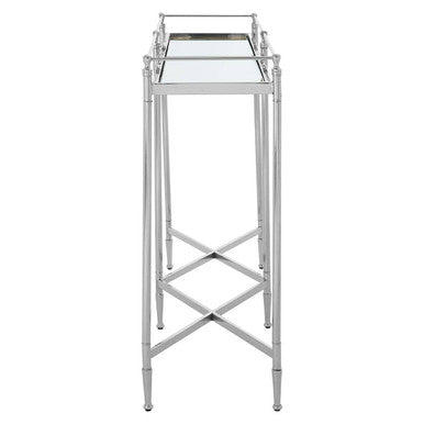 Silver Finish Mirrored Glass Top Console Table with Cross Frame Design, Zach