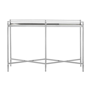 Silver Finish Mirrored Glass Top Console Table with Cross Frame Design, Zach