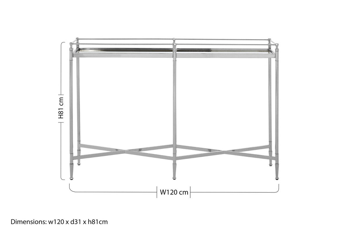 Silver Finish Mirrored Glass Top Console Table with Cross Frame Design, Zach