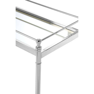 Silver Finish Mirrored Glass Top Console Table with Cross Frame Design, Zach