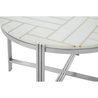 White Marble Top Coffee Table with Gold Detail and Silver Finish Frame, Eva
