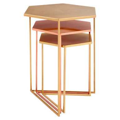 Assorted Gold Brass Bronze Set of 3 Nesting Tables with Iron Frames, Templar