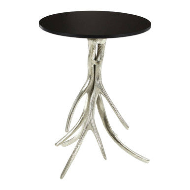 Black Marble Top Round Side Table with Nickel Antler Base, Antler