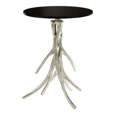 Black Marble Top Round Side Table with Nickel Antler Base, Antler