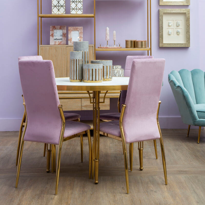 White Concrete Top Round Dining Table with Brushed Gold Metal Legs, Modica