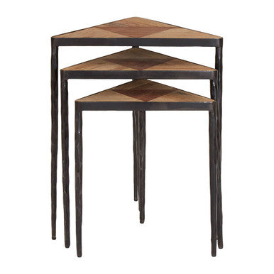 Black and Brown Elm Wood Set of 3 Triangular Nesting Tables with Black Iron Legs, Elmo
