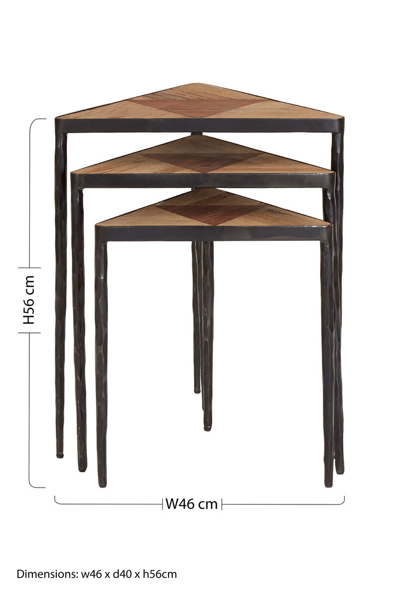 Black and Brown Elm Wood Set of 3 Triangular Nesting Tables with Black Iron Legs, Elmo