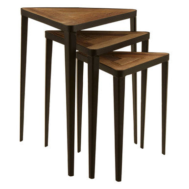 Black and Brown Carved Elm Wood Set of 3 Triangular Tables with Black Iron Legs, Elmo