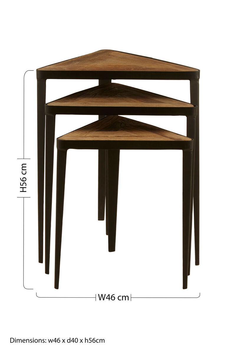 Black and Brown Carved Elm Wood Set of 3 Triangular Tables with Black Iron Legs, Elmo