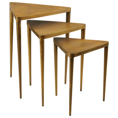 Gold Finish Snug Design Set of 3 Triangular Nesting Tables, Compo