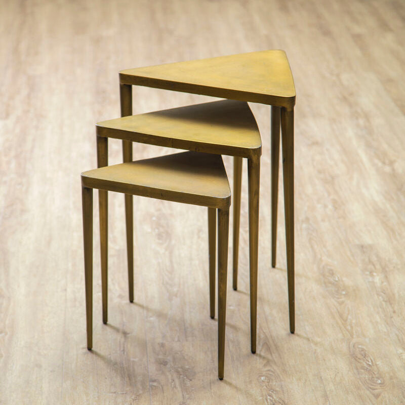 Gold Finish Snug Design Set of 3 Triangular Nesting Tables, Compo