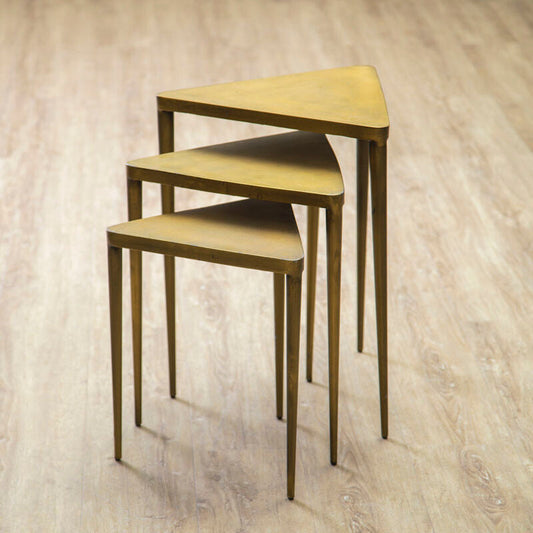 Gold Finish Snug Design Set of 3 Triangular Nesting Tables, Compo