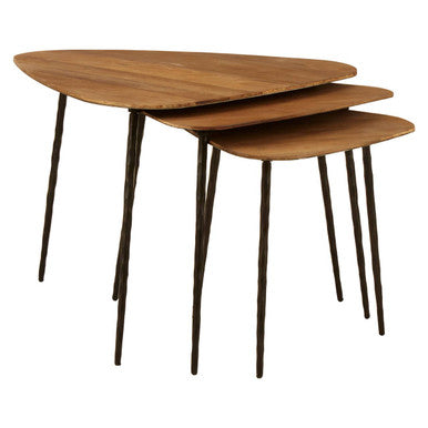Black and Brown Elm Wood Top Nest of 3 Triangular Tables with Black Iron Legs, Elmo