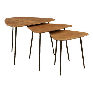 Black and Brown Elm Wood Top Nest of 3 Triangular Tables with Black Iron Legs, Elmo