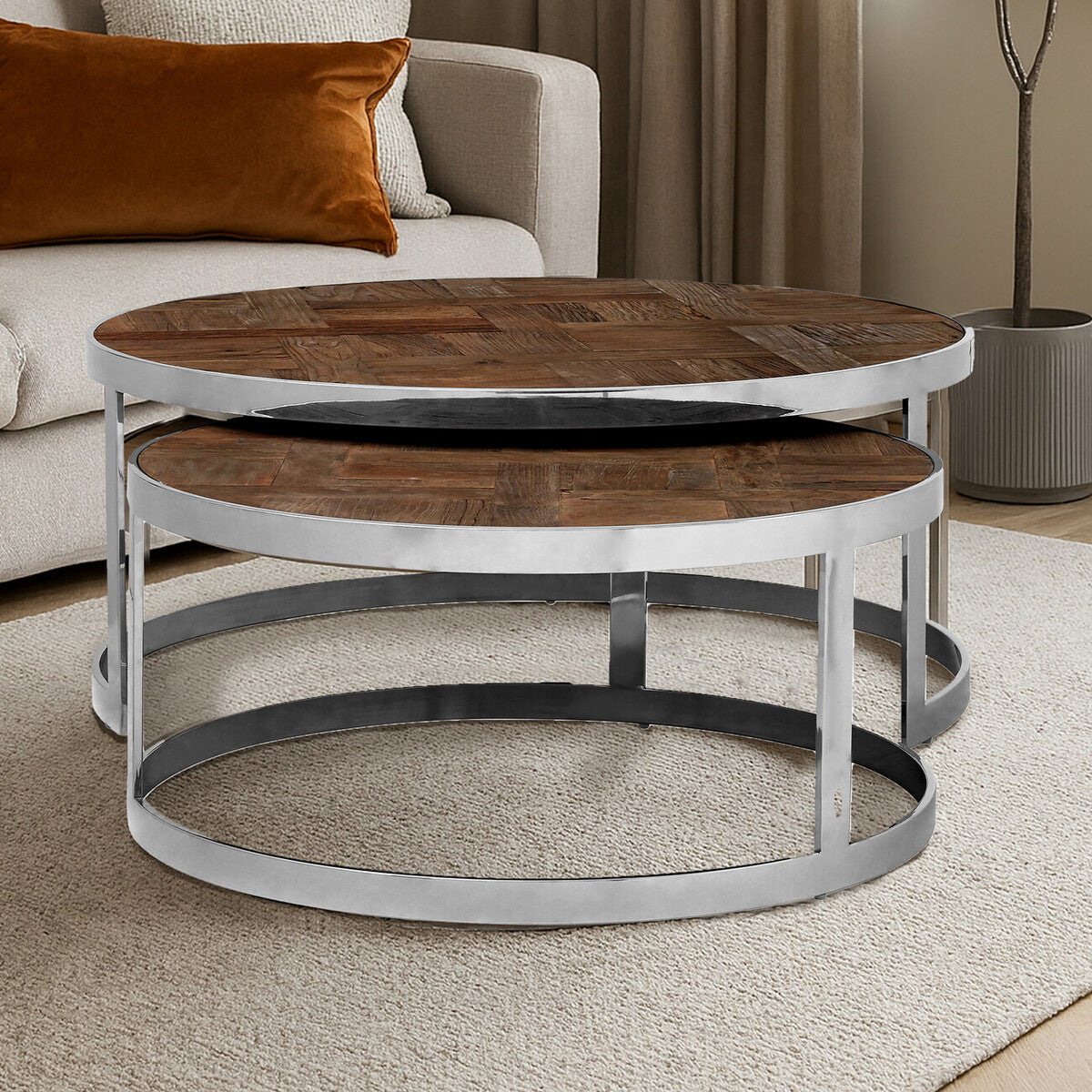Brown Parquet Effect Elm Wood Top Nest of 2 Tables with Stainless Steel Frames, Mitra