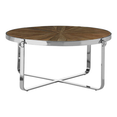 Natural Elm Wood Top Carousel Wedge Coffee Table with Silver Stainless Steel Base, Mitra