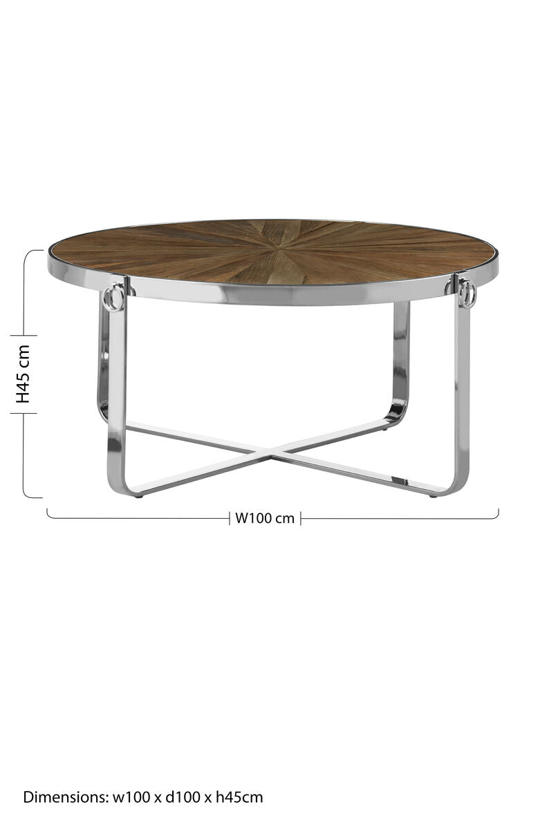 Natural Elm Wood Top Carousel Wedge Coffee Table with Silver Stainless Steel Base, Mitra