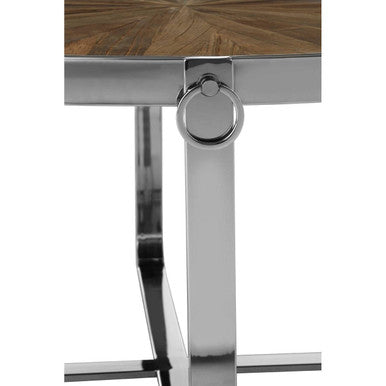 Natural Elm Wood Top Carousel Wedge Coffee Table with Silver Stainless Steel Base, Mitra