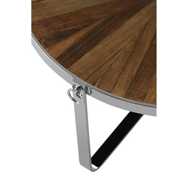 Natural Elm Wood Top Carousel Wedge Coffee Table with Silver Stainless Steel Base, Mitra