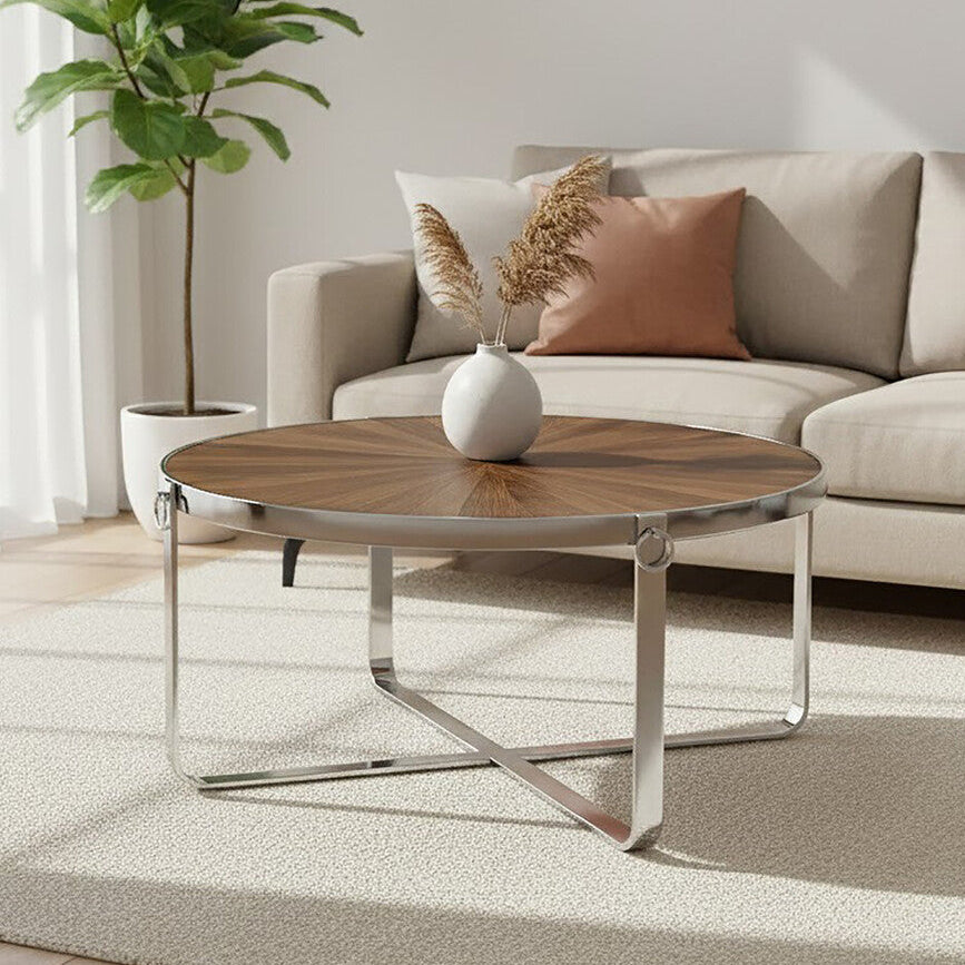 Natural Elm Wood Top Carousel Wedge Coffee Table with Silver Stainless Steel Base, Mitra