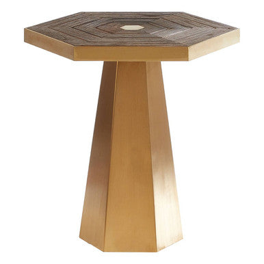 Gold and Natural Small Hexagon End Table with Grooved Elm Wood Top, Titan