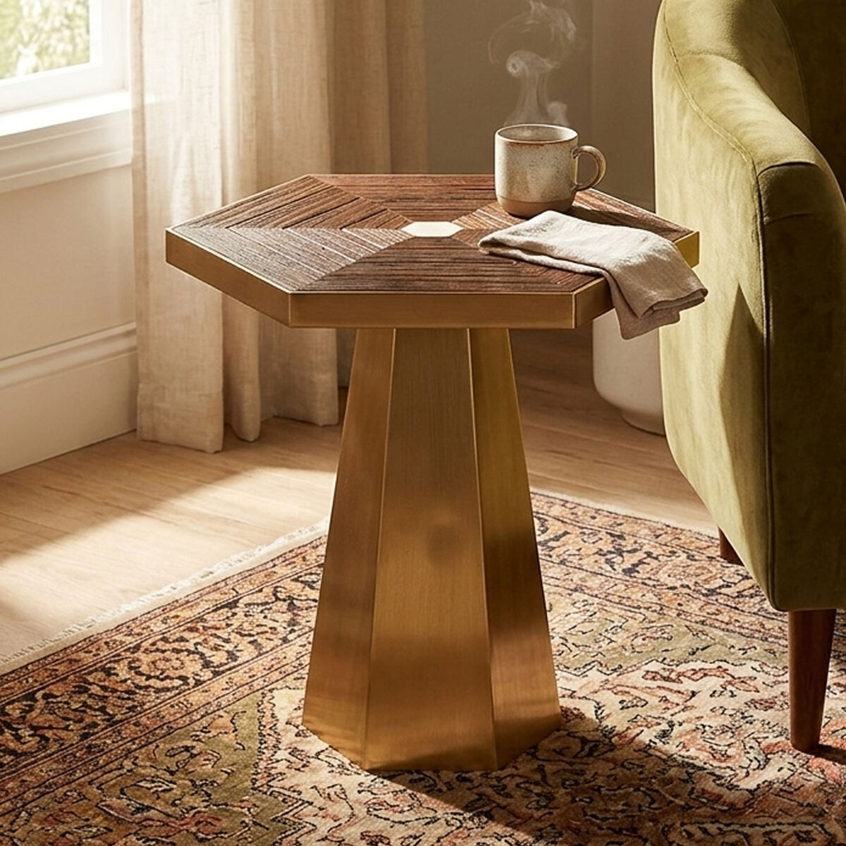 Titan Recycled Elm Wood and Brushed Gold Finish Small Side Table