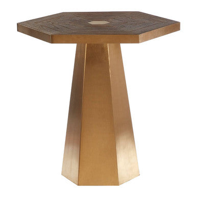 Gold and Natural Large Hexagon End Table with Grooved Elm Wood Top, Titan