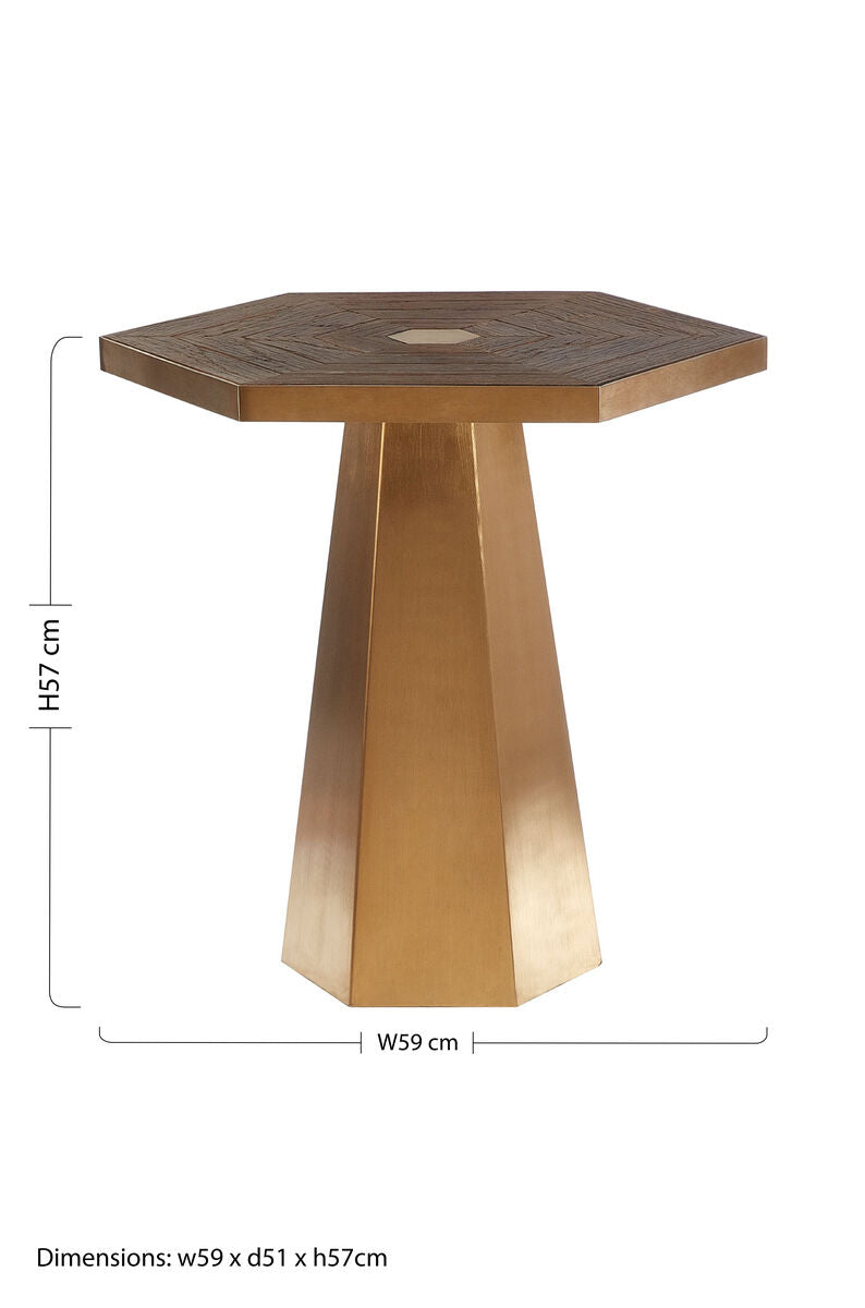 Gold and Natural Large Hexagon End Table with Grooved Elm Wood Top, Titan