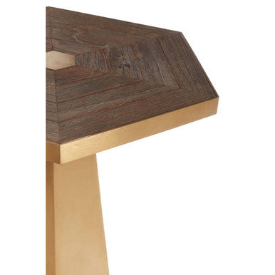 Gold and Natural Large Hexagon End Table with Grooved Elm Wood Top, Titan