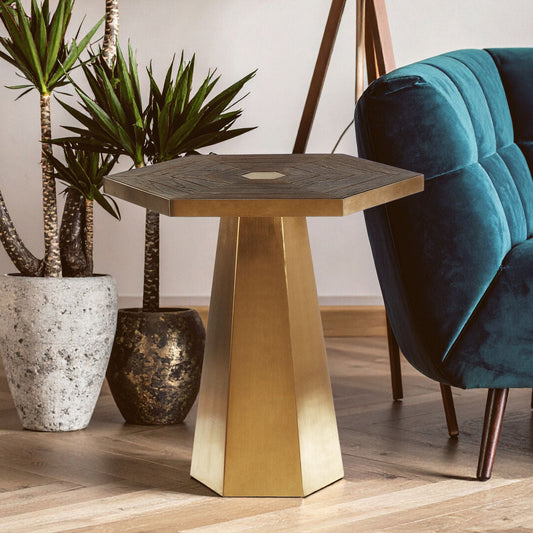 Gold and Natural Large Hexagon End Table with Grooved Elm Wood Top, Titan